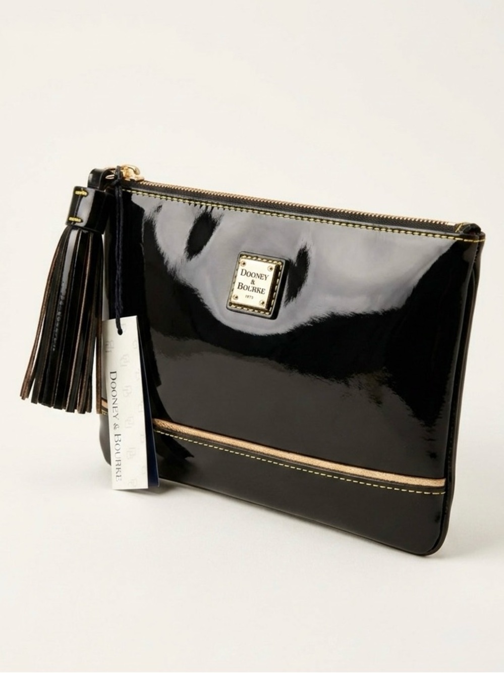 NWT Dooney & Bourke Black Patent Leather Clutch Wristlet Bag Statement Tassel
